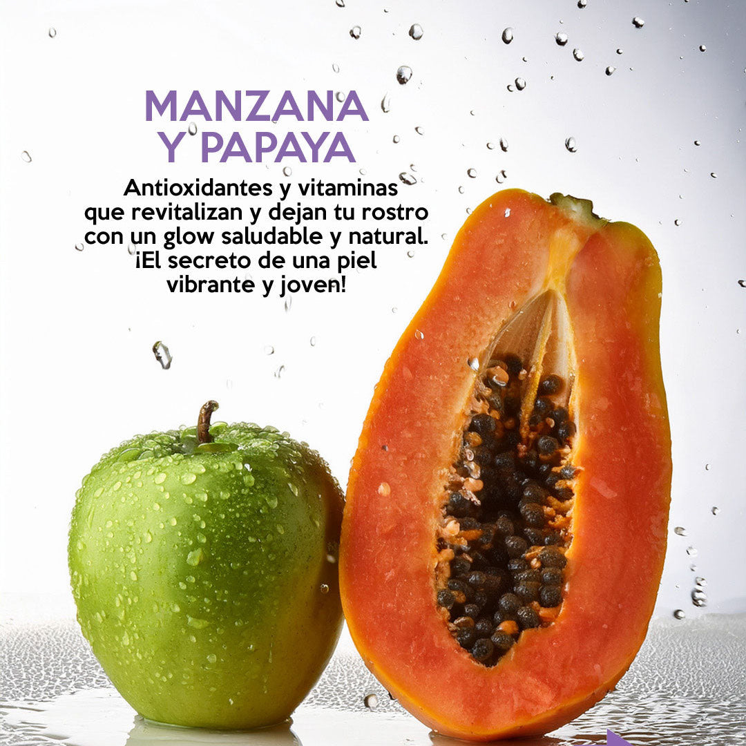 Imagen de papaya y manzana destacando sus propiedades exfoliantes y antioxidantes, ingrediente clave en el tónico nutritivo facial de Farm To Body.