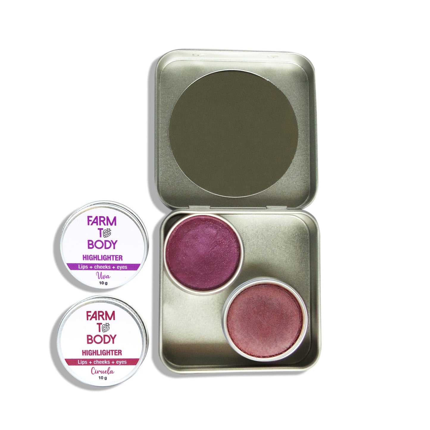 Dúo de iluminadores personalizable con estuche Farm to Body elaborado con ingredientes naturales