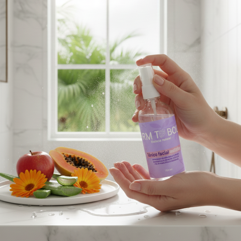 Imagen del bote del Tónico Facial Nutritivo de Farm To Body junto a sus ingredientes (manzana, papaya, aloe vera, caléndula) en un baño, resaltando su fórmula consciente y efectiva para piel sensible.