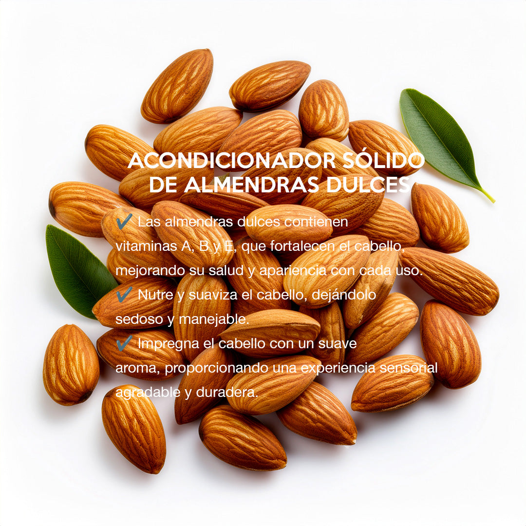 Ingredientes naturales del acondicionador sólido de almendras Farm to Body: aceite de almendras y mantecas vegetales