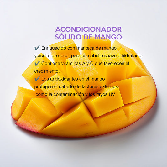 Ingredientes naturales del acondicionador sólido de mango Farm to Body: extracto de mango y aceites vegetales