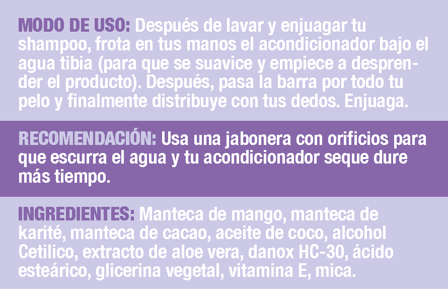Ingredientes naturales del acondicionador sólido de mango Farm to Body: extracto de mango y aceites vegetales"