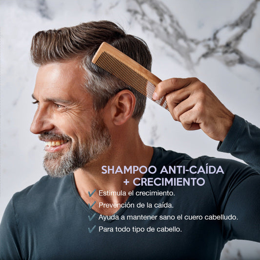 Shampoo para hombres, fuerte y natural, que previene la caída y fomenta el crecimiento saludable del cabello.
