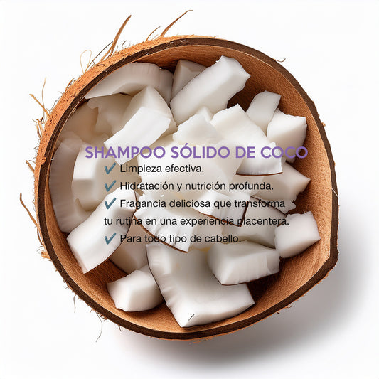Shampoo sólido de coco natural, nutritivo y vegano, ideal para limpiar y fortalecer el cabello de forma ecológica