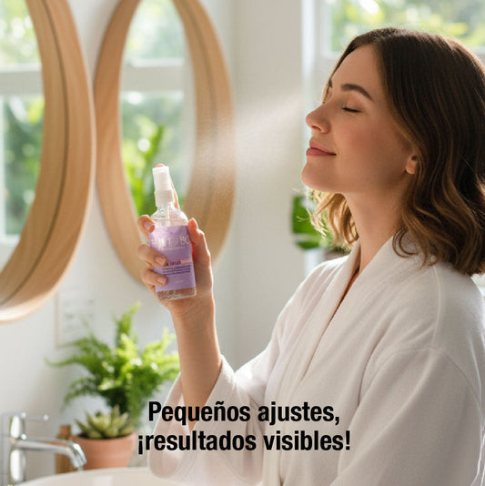 Mujer en ambiente natural y relajado rociando el tónico facial de Farm To Body en el rostro, mostrando una rutina de cuidado consciente y efecto refrescante.