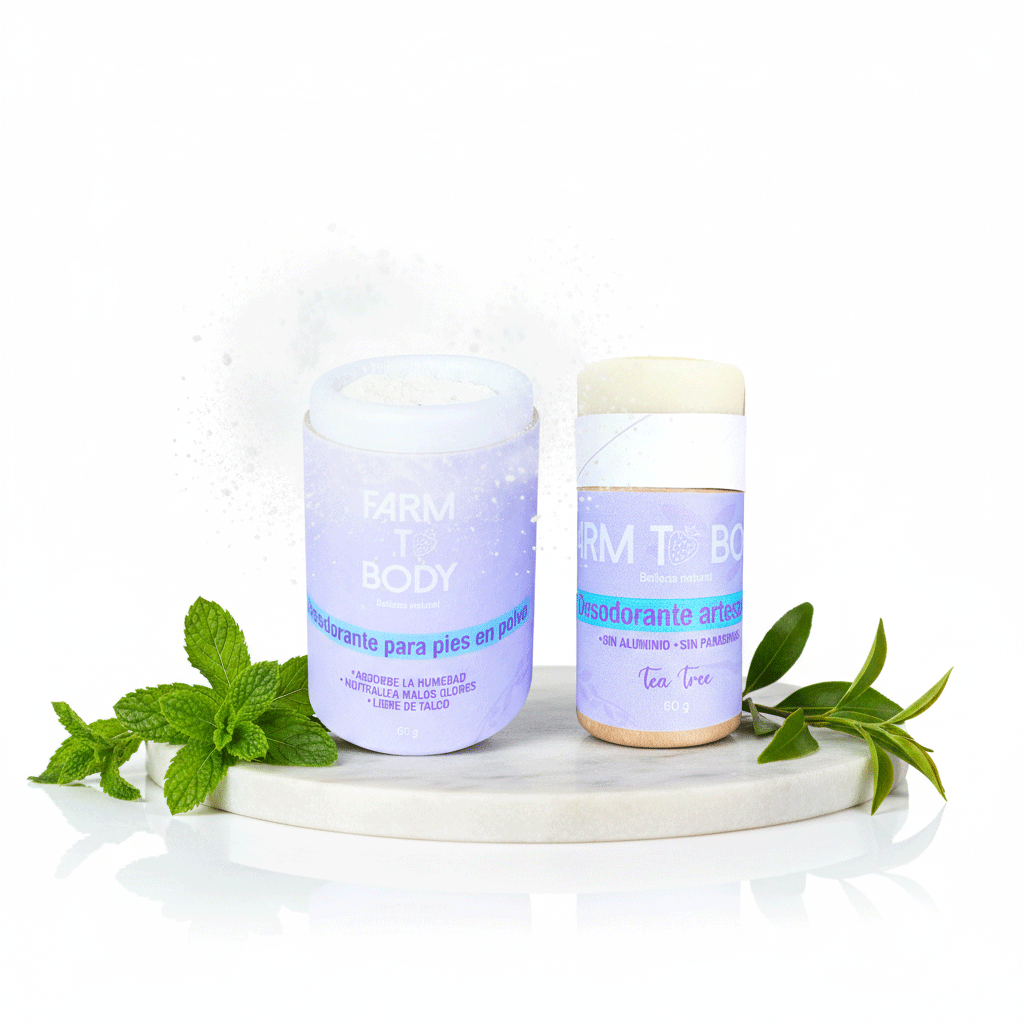 Imagen de desodorante para pies en polvo con menta y desodorante corporal con tea tree
