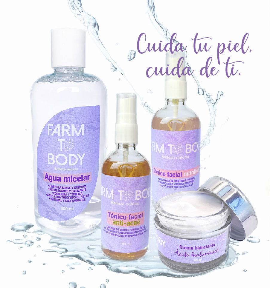 Set completo de productos de skincare de Farm To Body, incluyendo agua micelar, tónicos y crema hidratante, con ingredientes naturales para una rutina facial efectiva y saludable