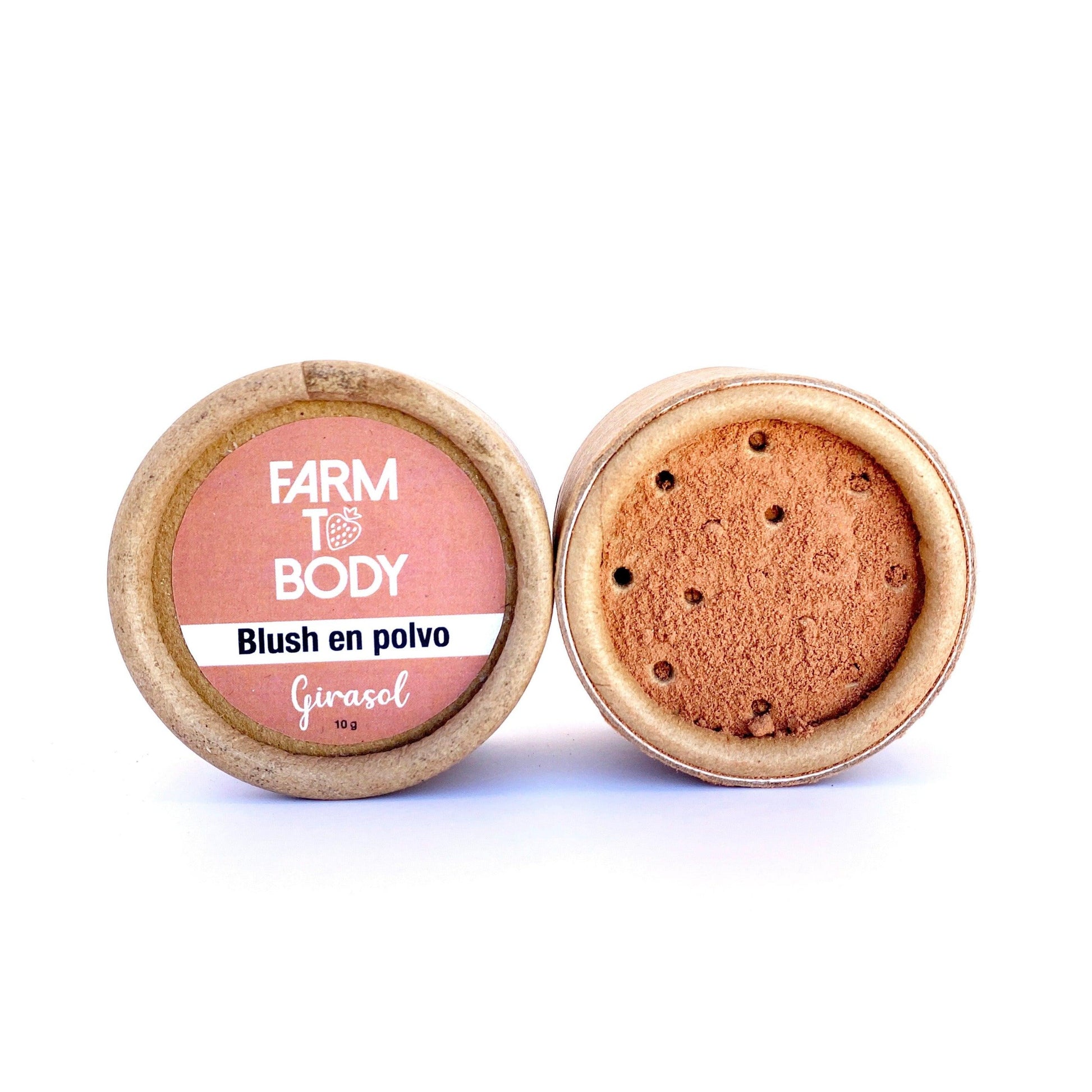 Polvo beige orgánico, acabado suave y duradero, para un look bronceado y elegante.
