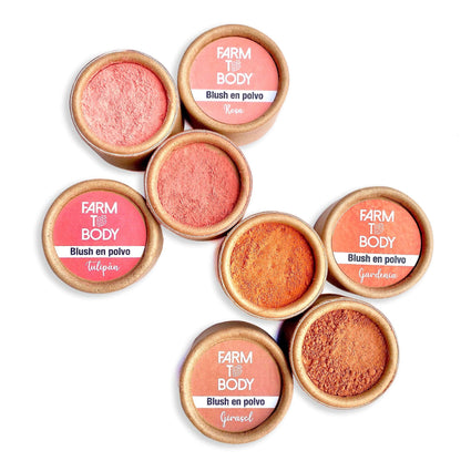 Blush en polvo orgánico, natural y sin tóxicos, para un acabado saludable.