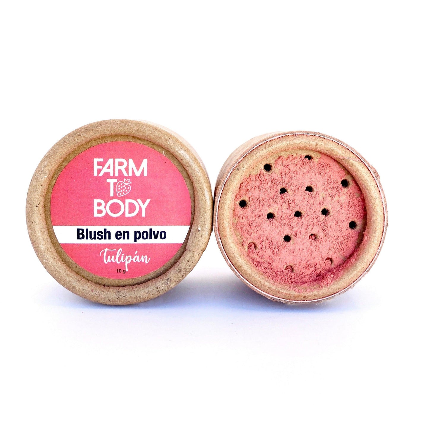 Blush en polvo eco-friendly, de acabado mate y tono rosado, perfecto para un maquillaje consciente