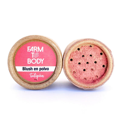 Blush en polvo eco-friendly, de acabado mate y tono rosado, perfecto para un maquillaje consciente